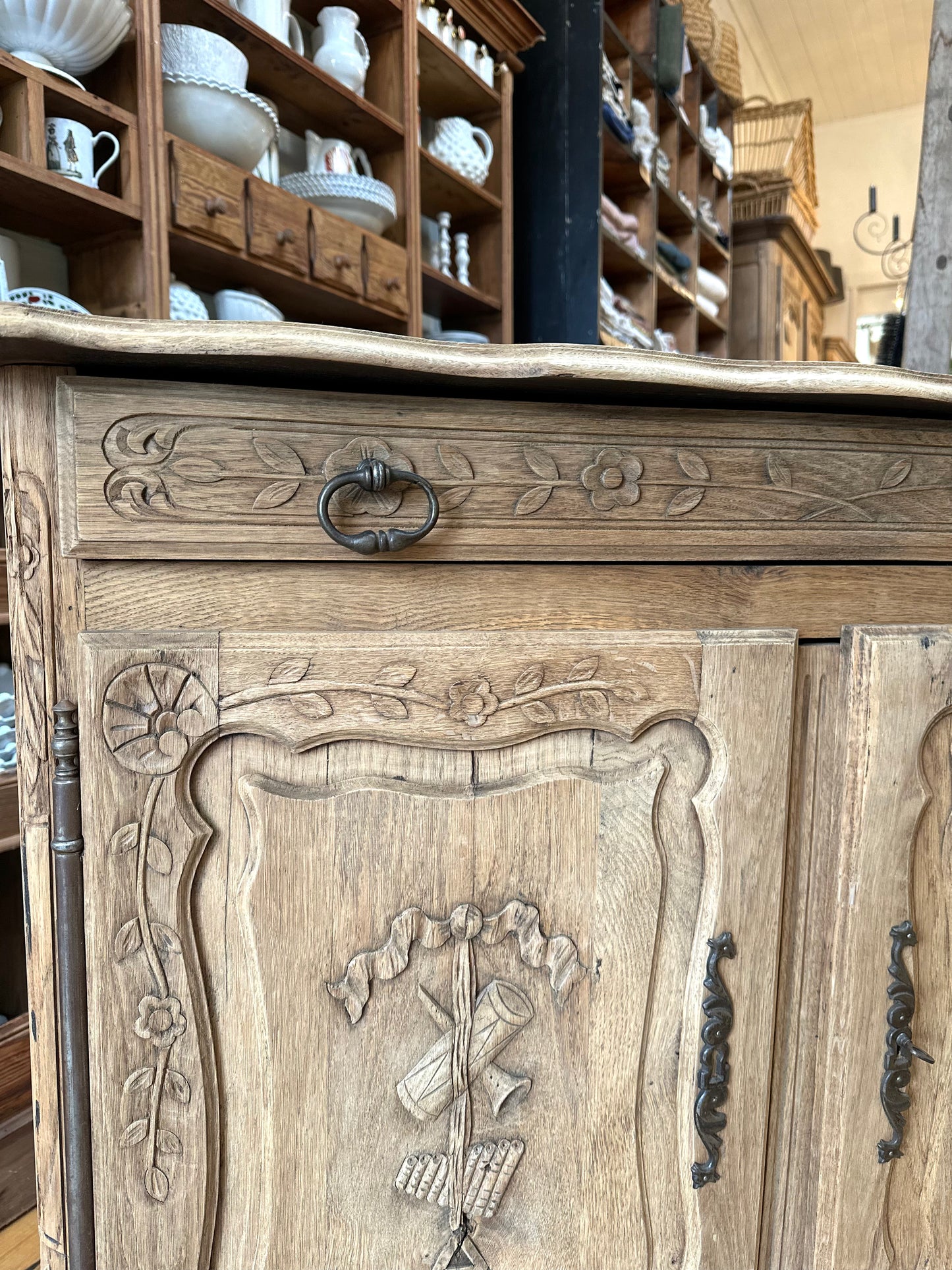 Antique French Raw Oak 2 Door Sideboard With Flower Basket Carving