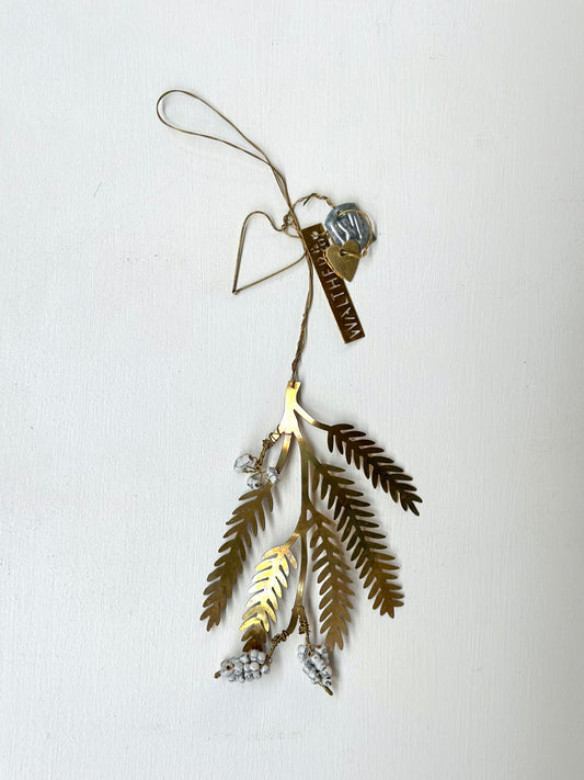 Walther & Co. Brass Pine Branch Ornament With White Berries