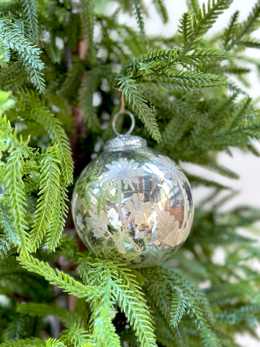 Walther & Co. Medium Antique Silver Glass Ball - Etched Flower