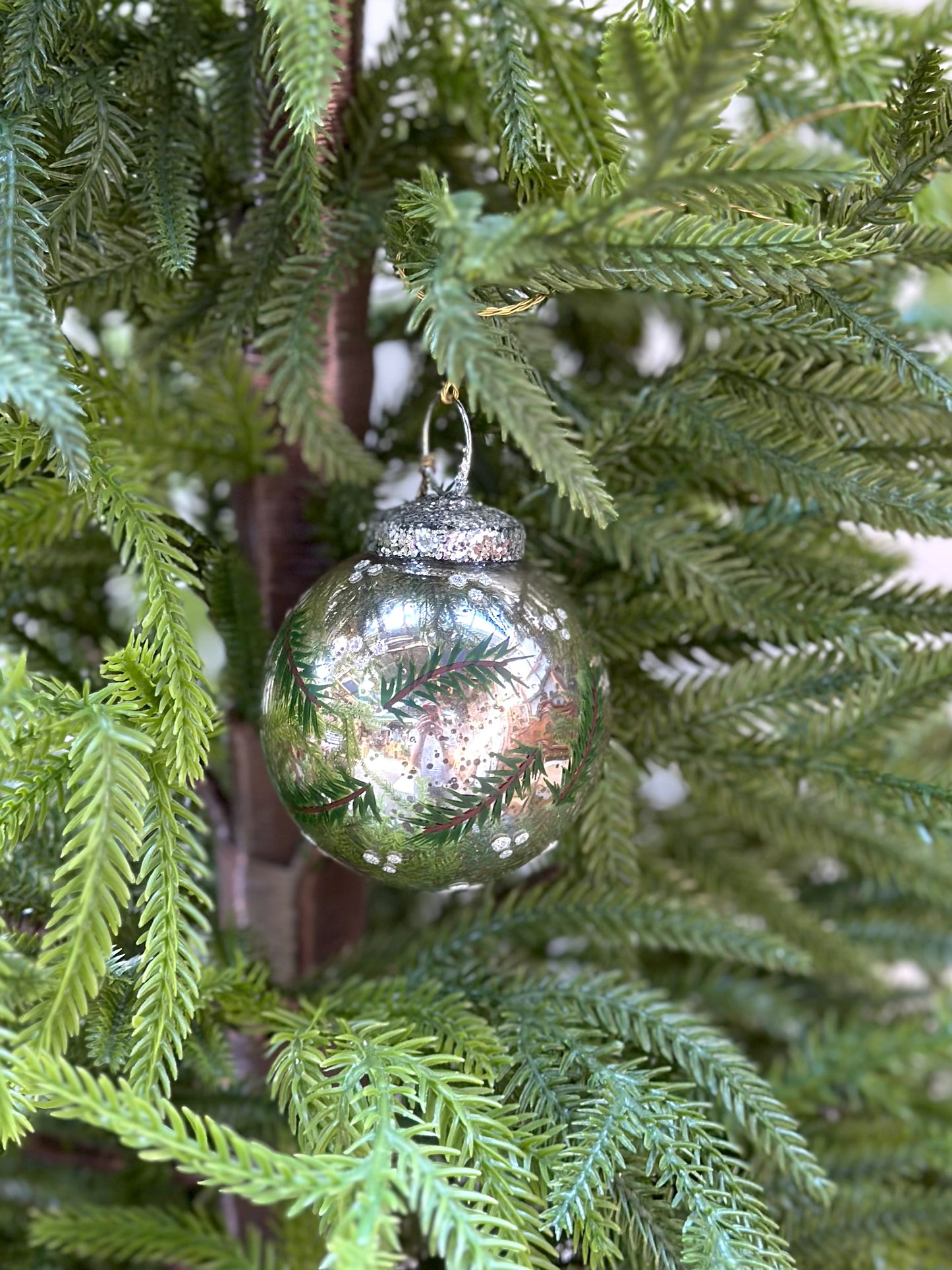 Walther & Co. Small Antique Silver Glass Ball - Pine Twigs & Glitter Snow