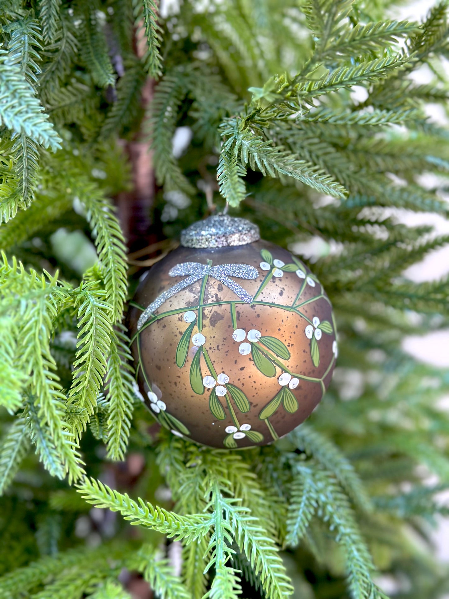 Walther & Co. Medium Gold Glass Ball - Mistletoe & Bow