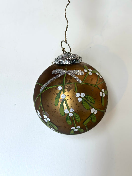 Walther & Co. Medium Gold Glass Ball - Mistletoe & Bow