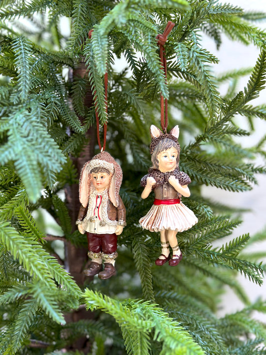 Woodland Animal Children - Pair Hanging Ornaments