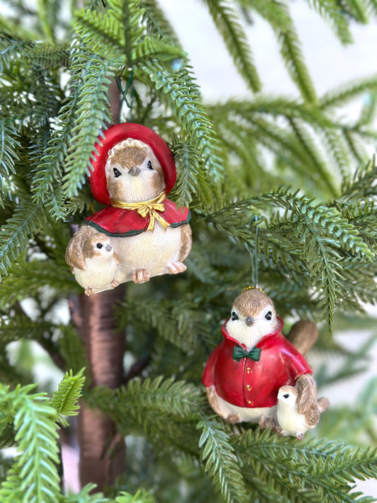 Red Woodland Birds - Pair Hanging Ornaments