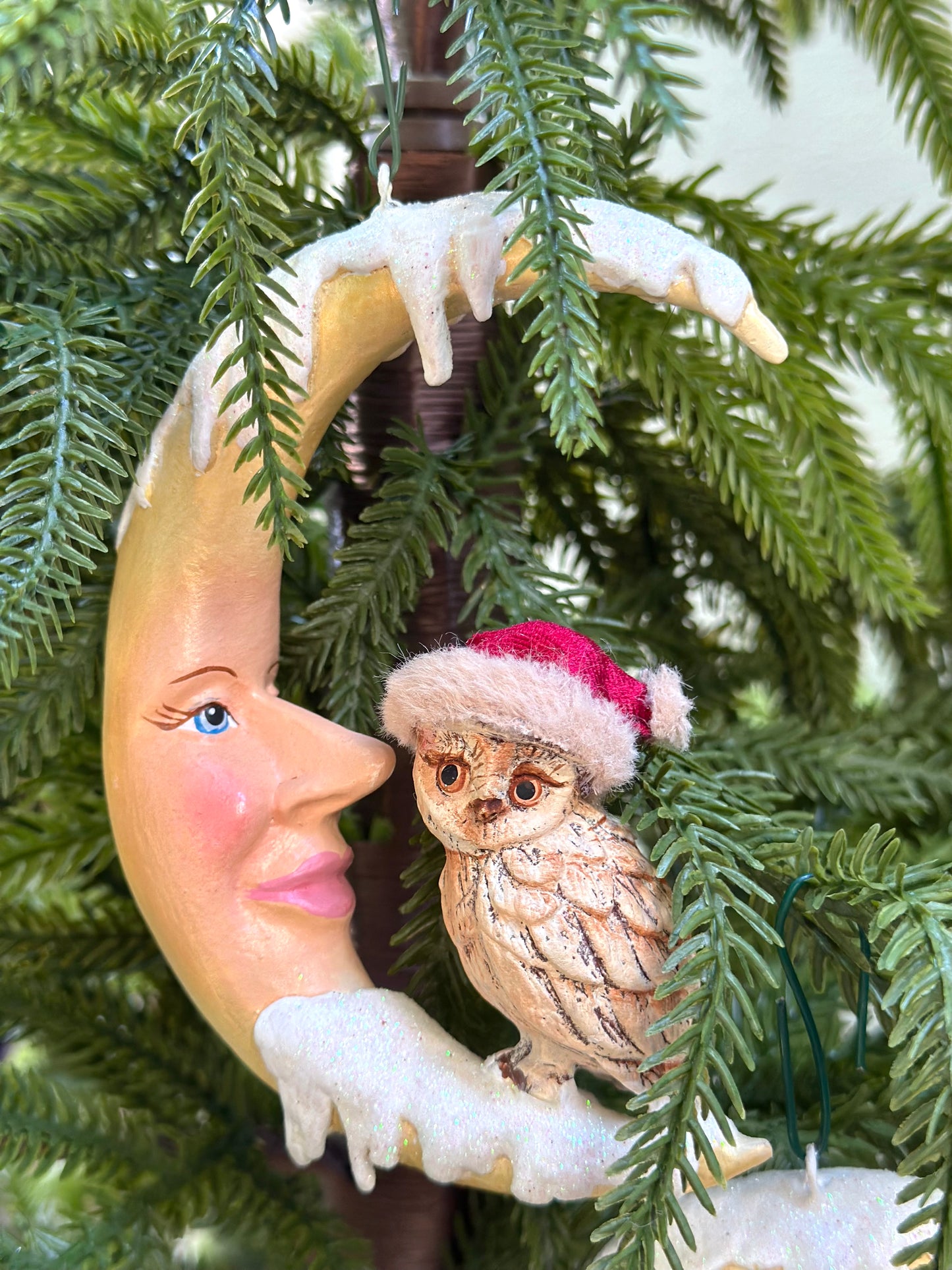 Woodland Owl on Moon - Hanging Ornaments