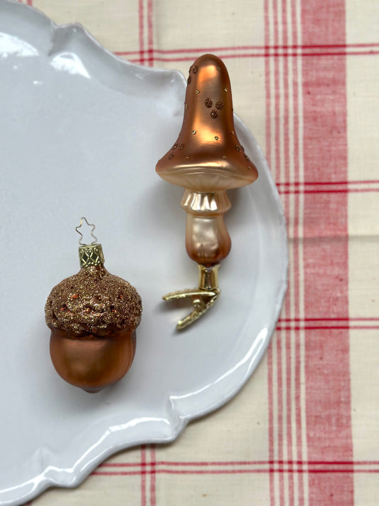 German Glass Christmas Ornament Set - Bronze Mushroom & Acorn