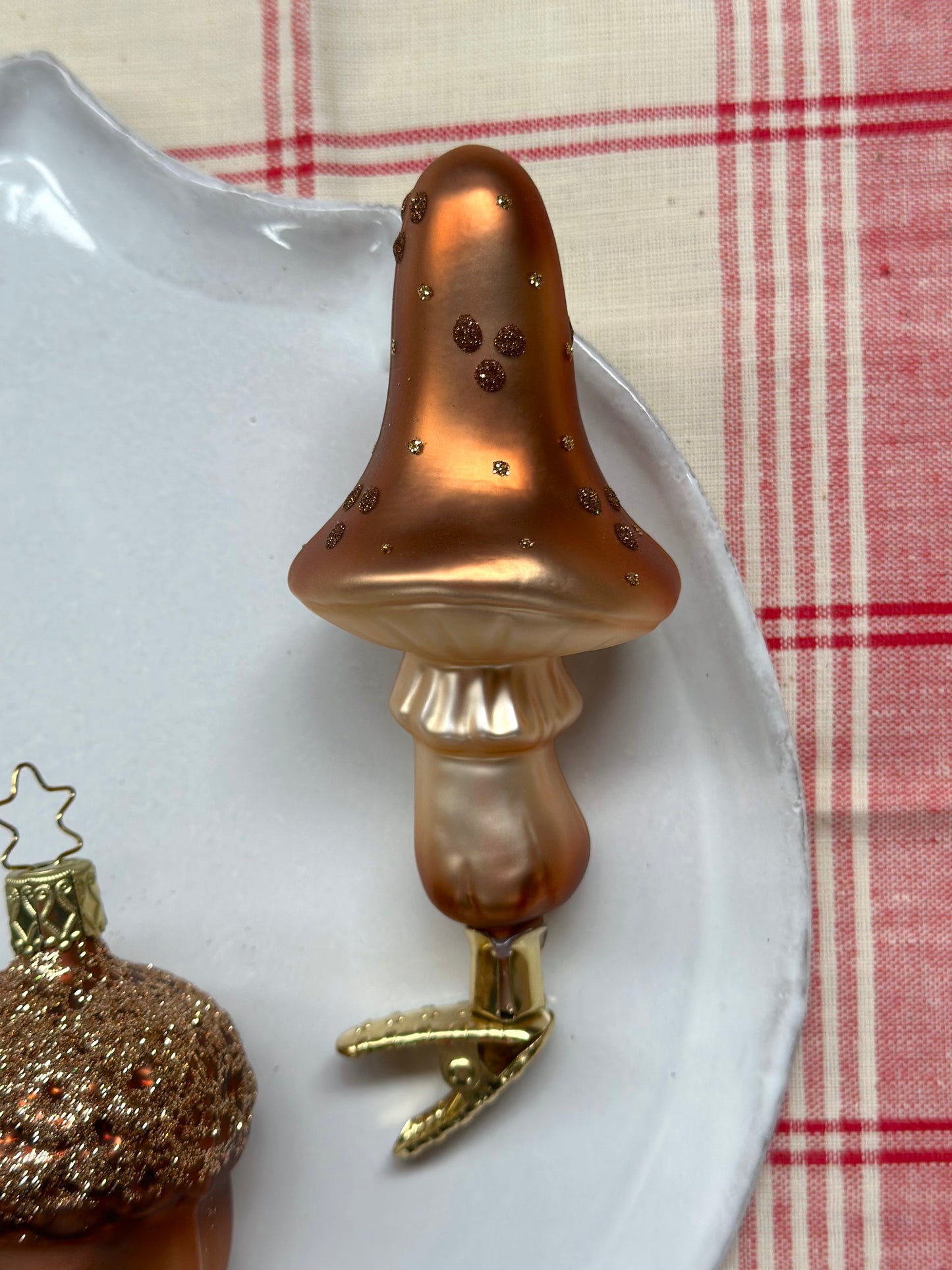 German Glass Christmas Ornament Set - Bronze Mushroom & Acorn
