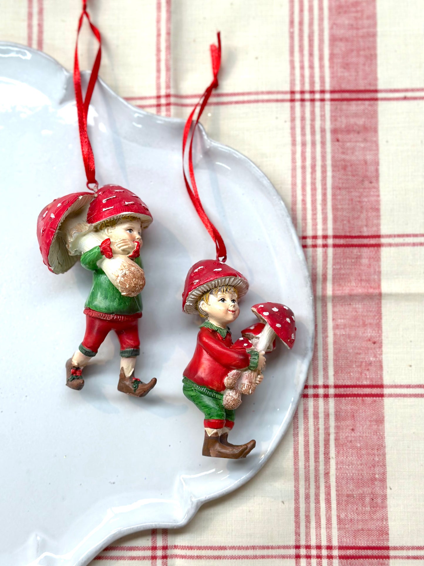 Mushroom Elves - Pair Hanging Ornaments - Woodland Christmas