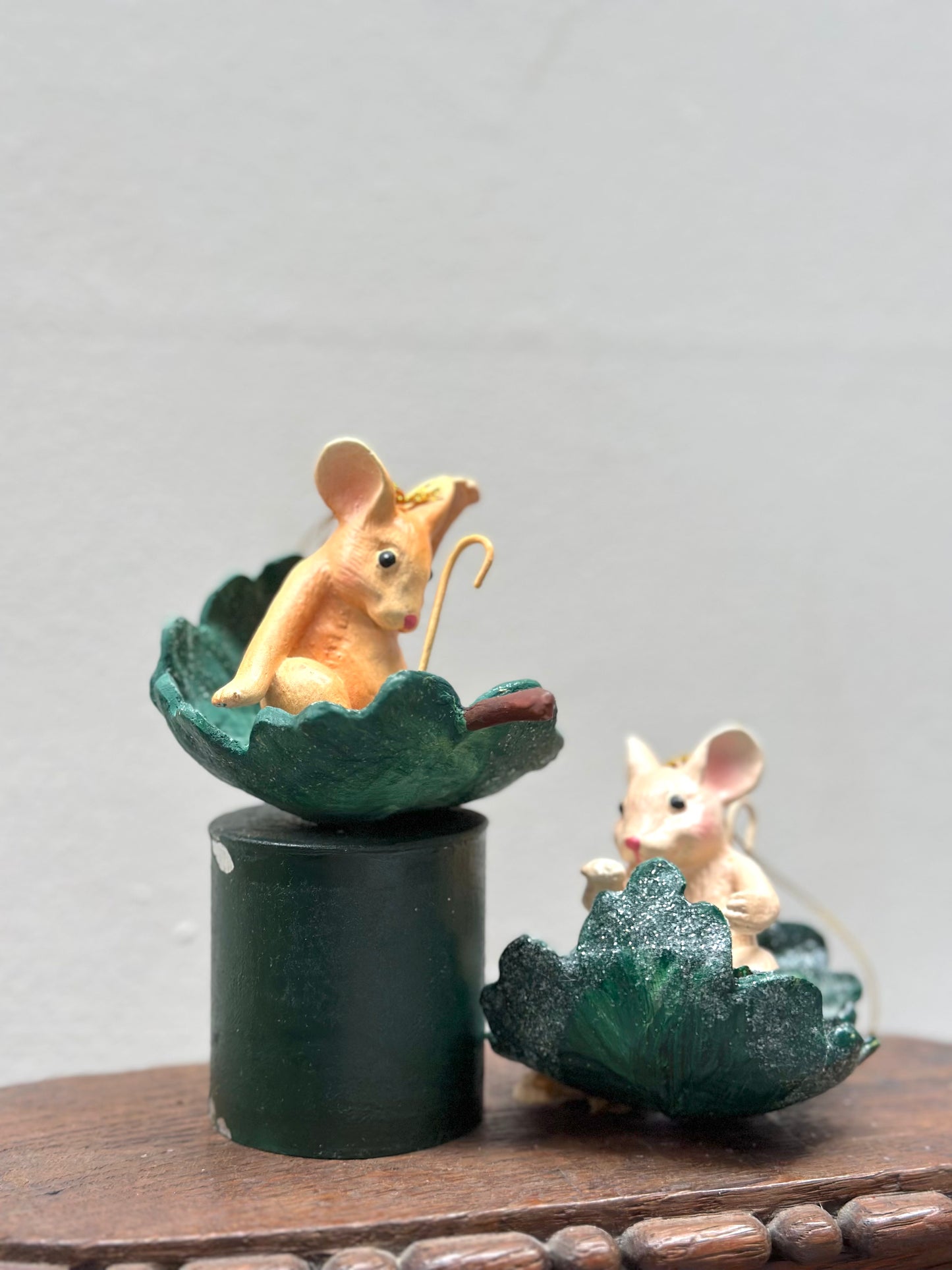 Mice on Leaves - Pair of Hanging Ornaments - Woodland Christmas