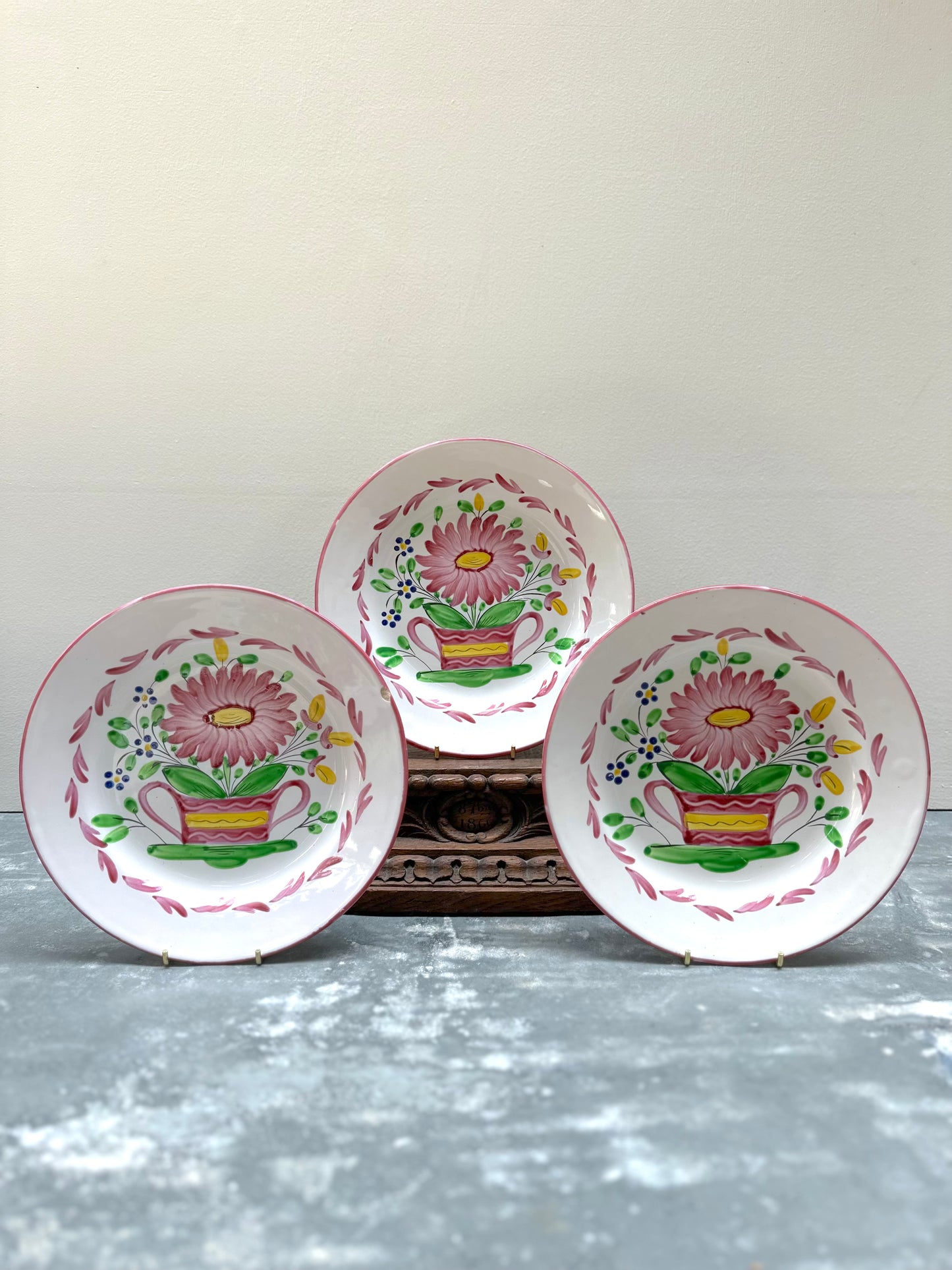 Antique French 'St Clement' Floral Plates - Dahlia & Tulip