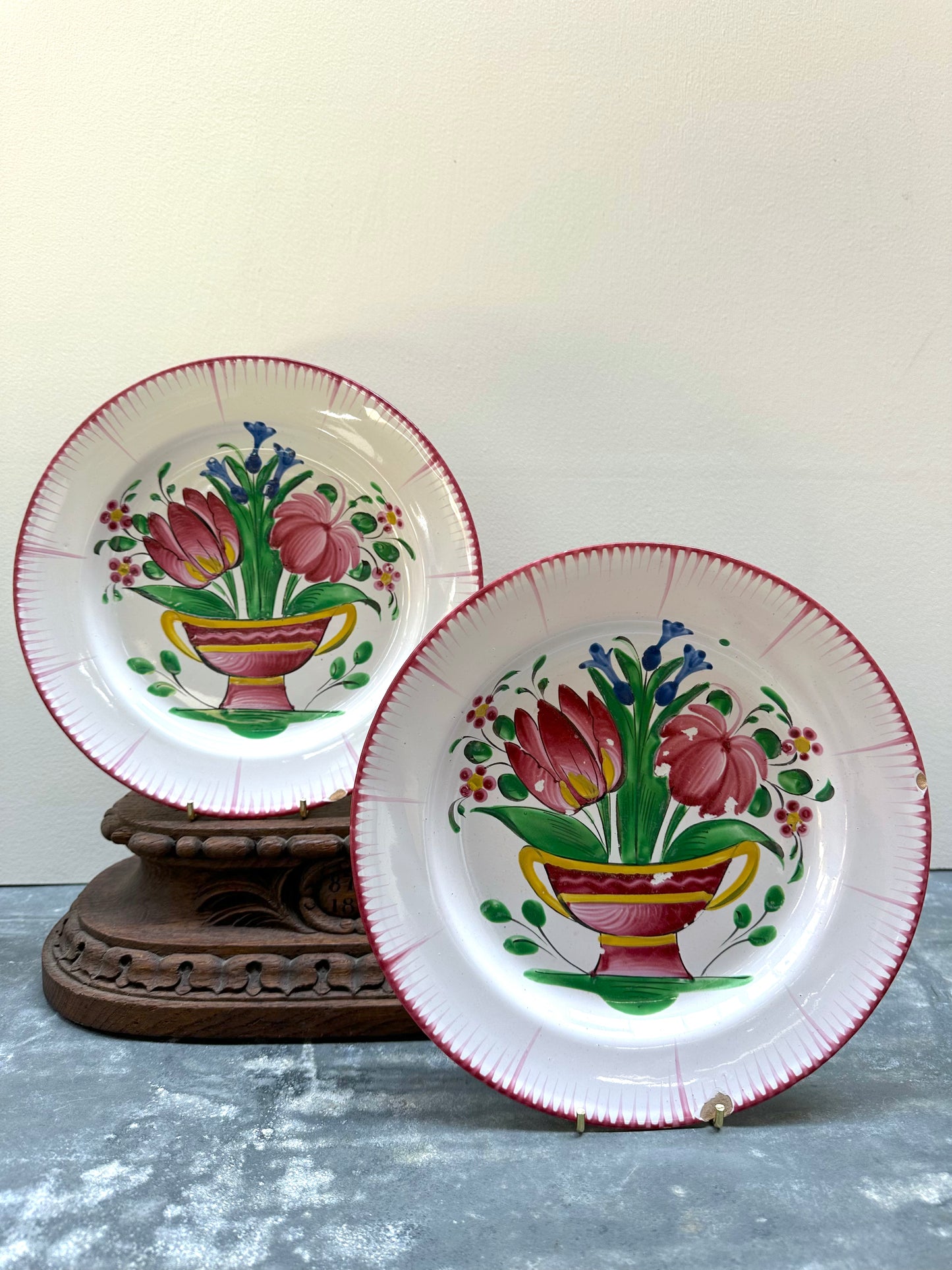 Antique French 'St Clement' Floral Plates - Dahlia & Tulip