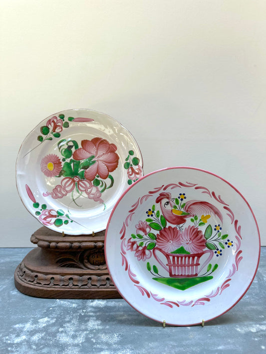 Antique French 'Luneville' Floral Plates - Rooster & Bouquet