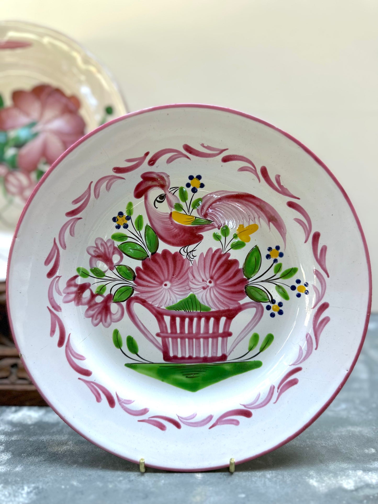 Antique French 'Luneville' Floral Plates - Rooster & Bouquet