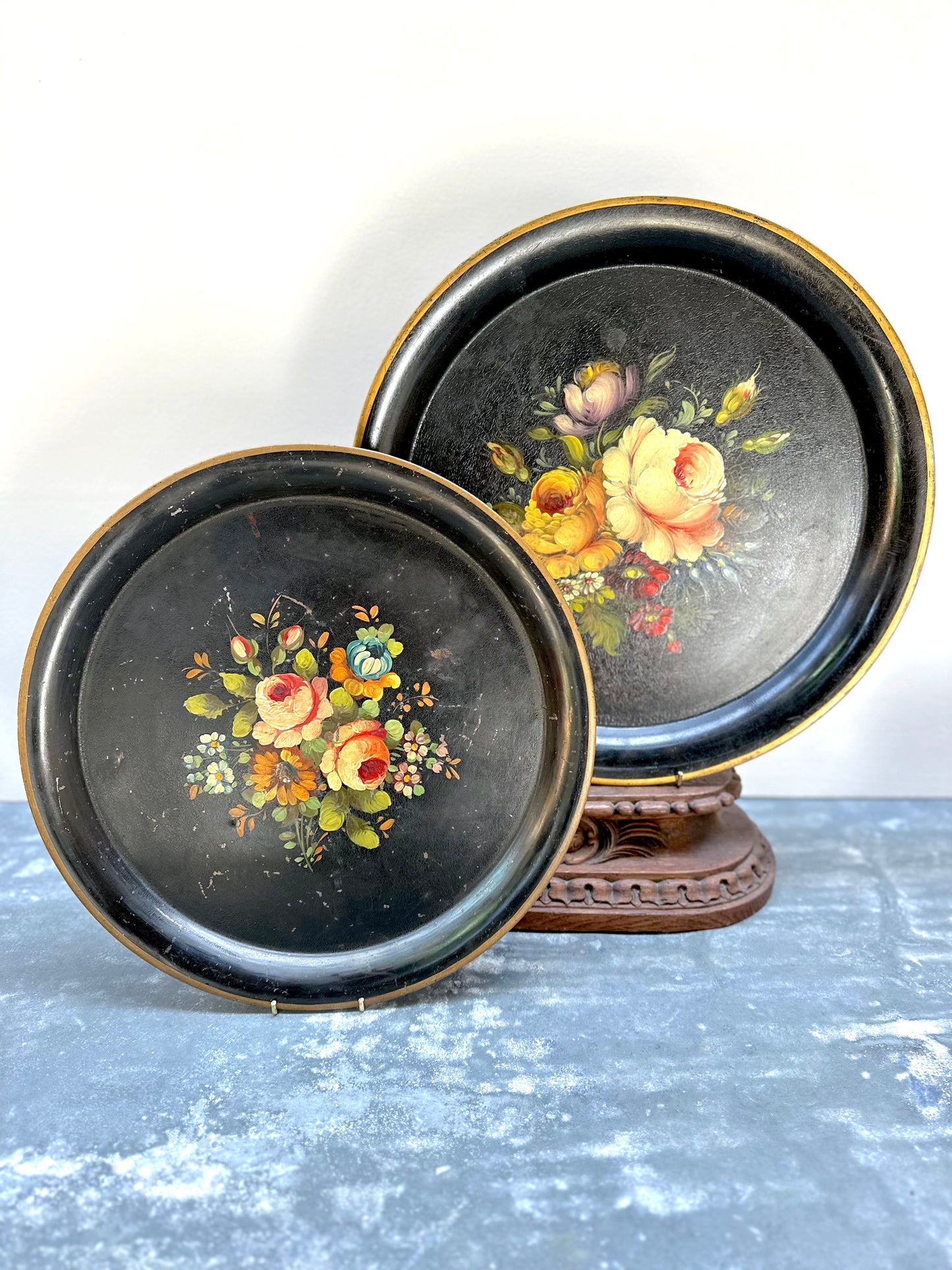 Antique French Napoleon III Hand Painted Floral Trays