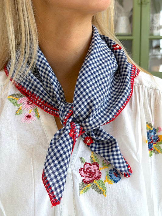 Cotton Navy Gingham Check Scarf With Flower Embroidery