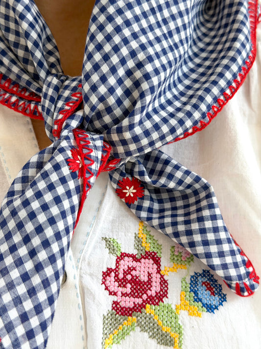 Cotton Navy Gingham Check Scarf With Flower Embroidery