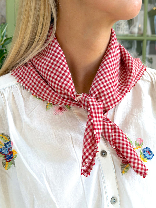 Cotton Red Gingham Check Scarf With Flower Embroidery