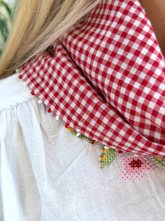 Cotton Red Gingham Check Scarf With Flower Embroidery