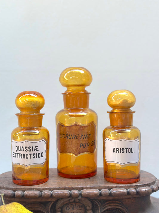Antique French Set of Apothocary Bottles - Amber Glass III