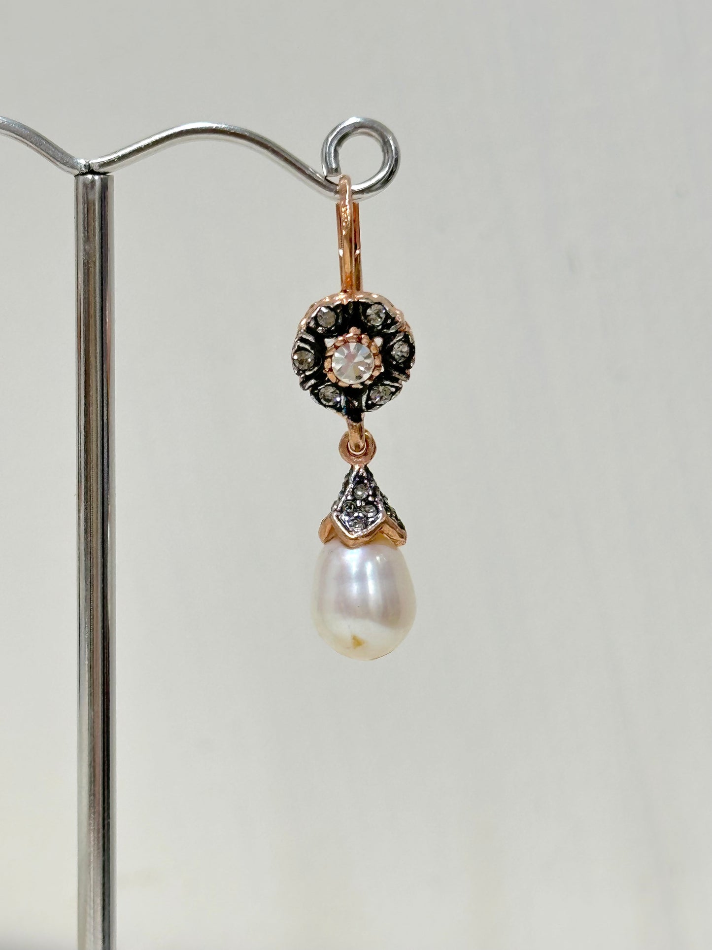 Italian Small Crystal Flower Earring With Pearl Teardrop