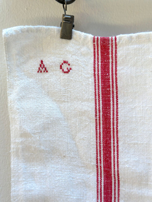 Antique French 'AG' Monogram Red Stripe Linen Tea Towel