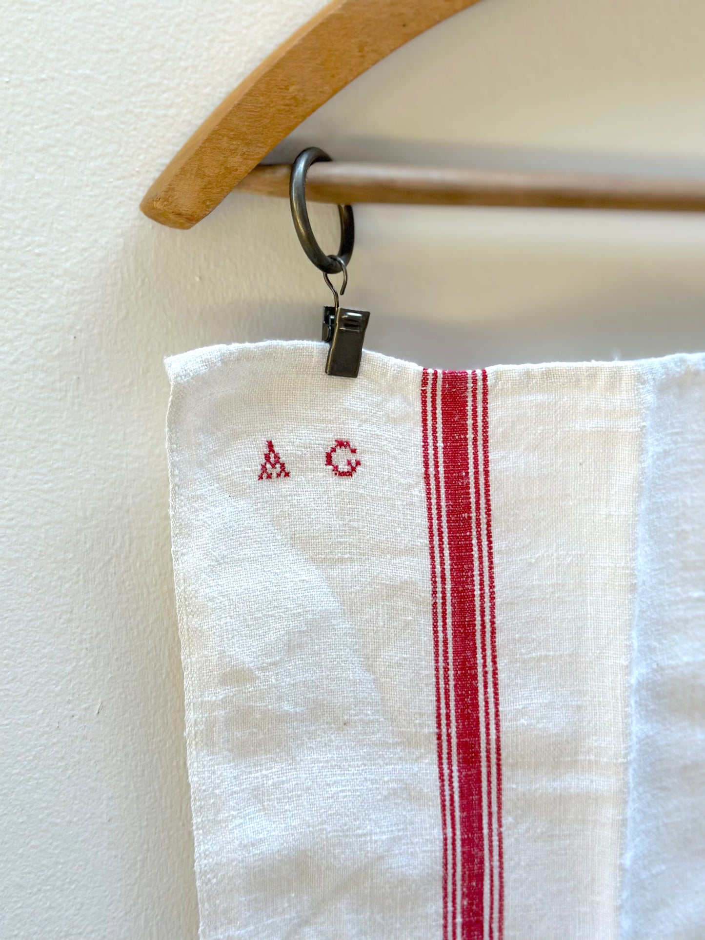 Antique French 'AG' Monogram Red Stripe Linen Tea Towel