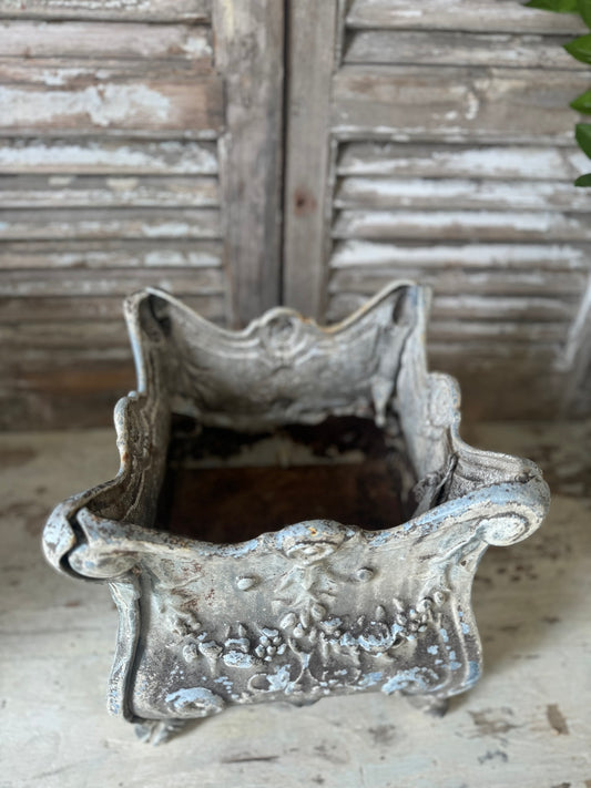 Antique French Grey Square Cast Iron Jardinere