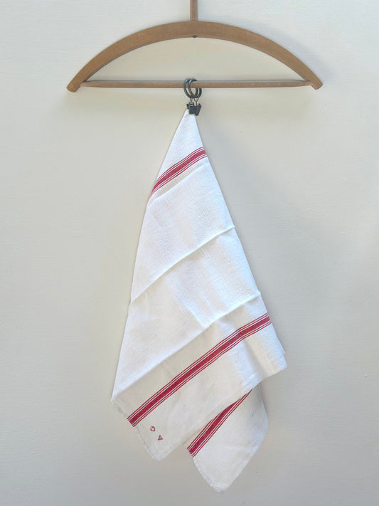 Antique French 'AG' Monogram Red Stripe Linen Tea Towel