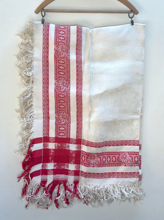 Antique French Red Floral Damask Tablecloth