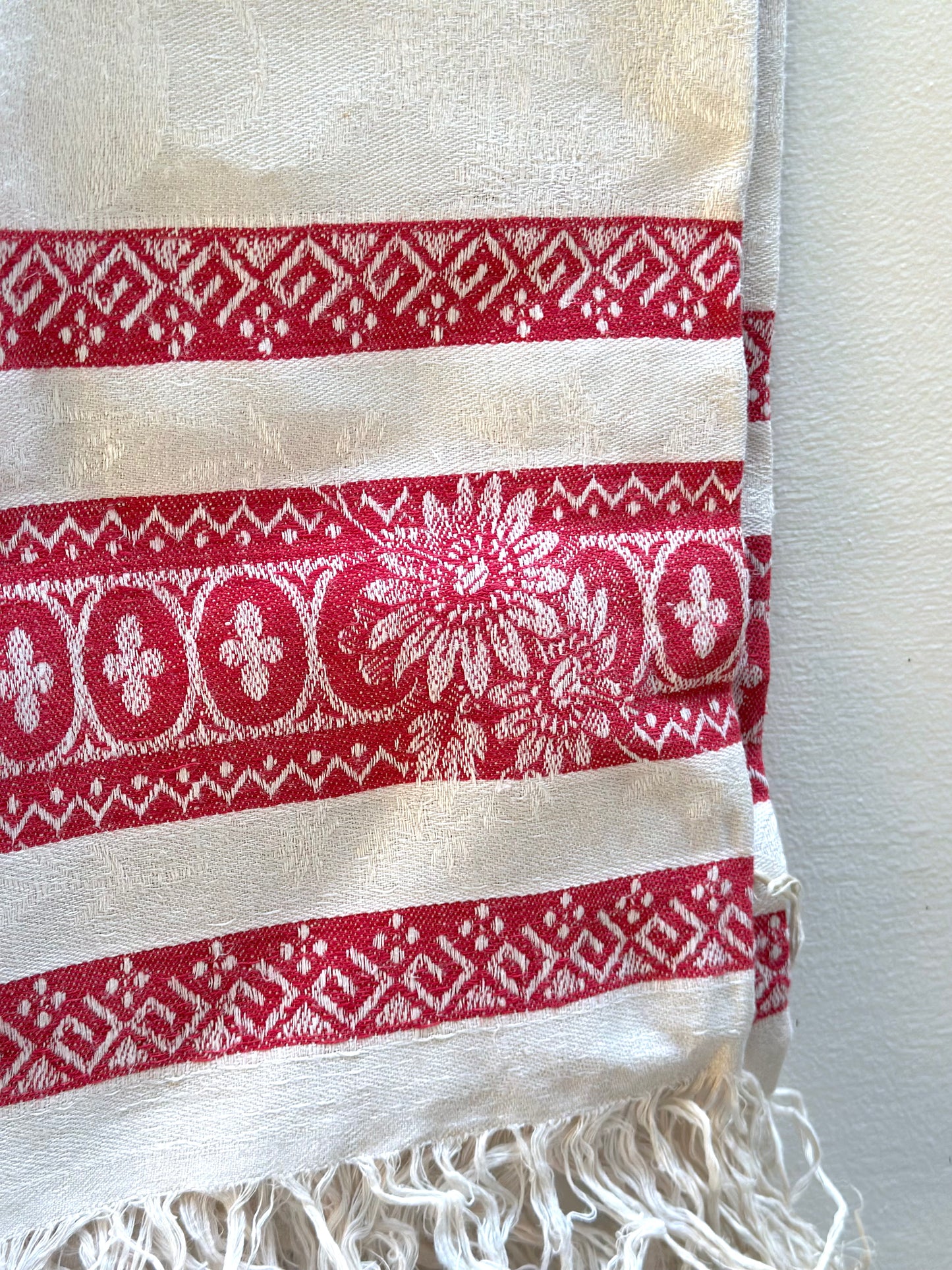 Antique French Red Floral Damask Tablecloth