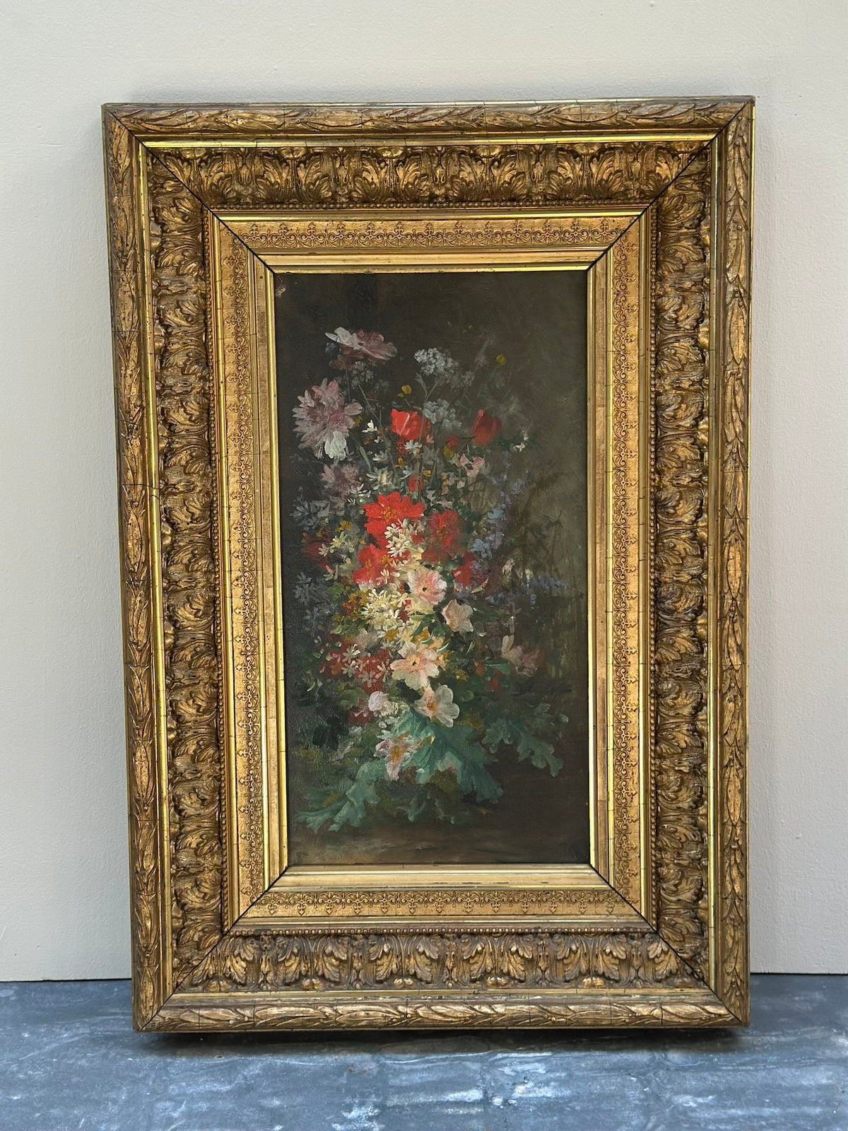 Antique European 'Wildflower Bouquet' Still Life Painting