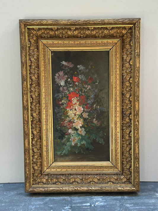 Antique European 'Wildflower Bouquet' Still Life Painting