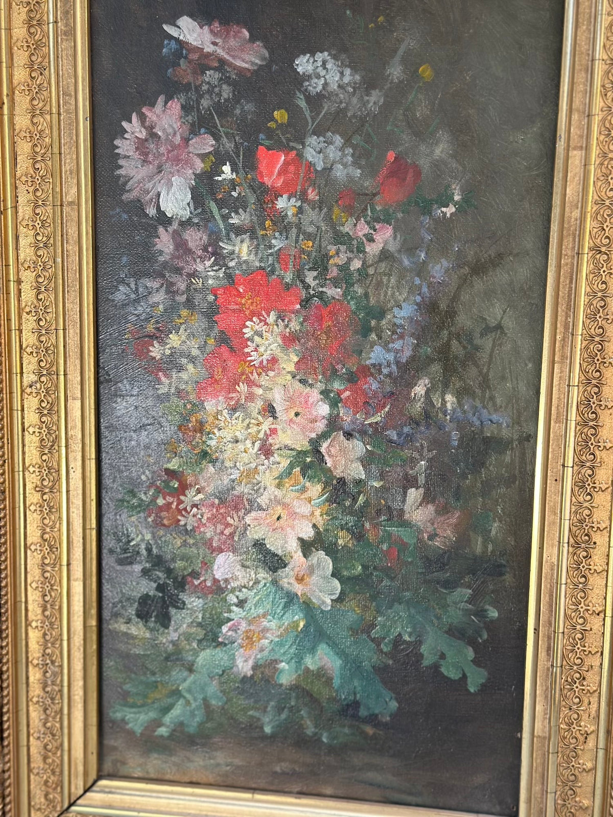 Antique European 'Wildflower Bouquet' Still Life Painting