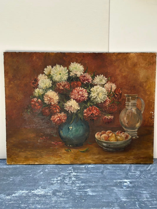 Antique European 'Chrysanthemum Vase' Still Life Painting