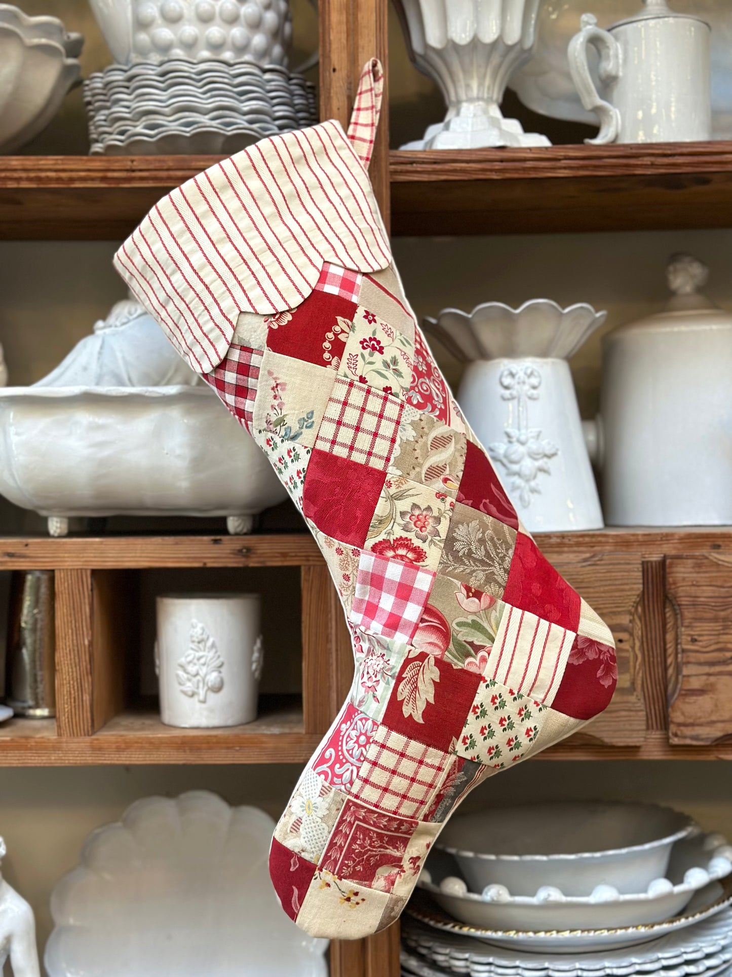 Handmade Christmas Stocking With Antique French Fabric - Raspberry Patchwork I