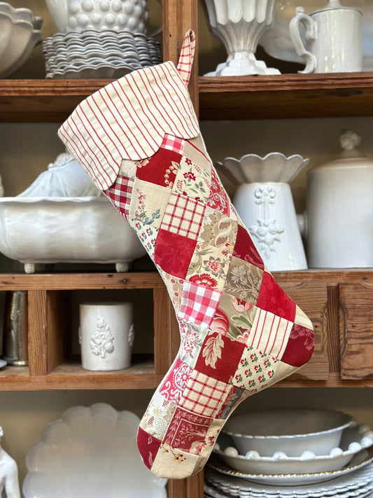 Handmade Christmas Stocking With Antique French Fabric - Raspberry Patchwork I