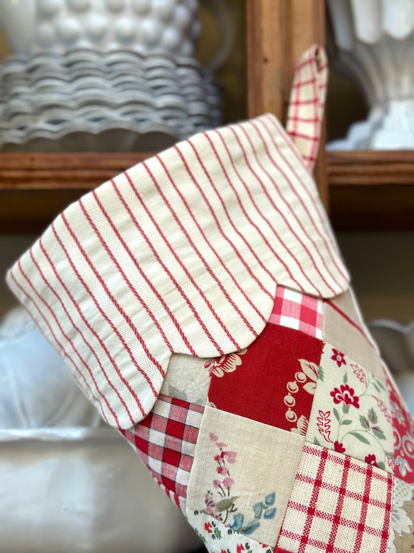 Handmade Christmas Stocking With Antique French Fabric - Raspberry Patchwork I