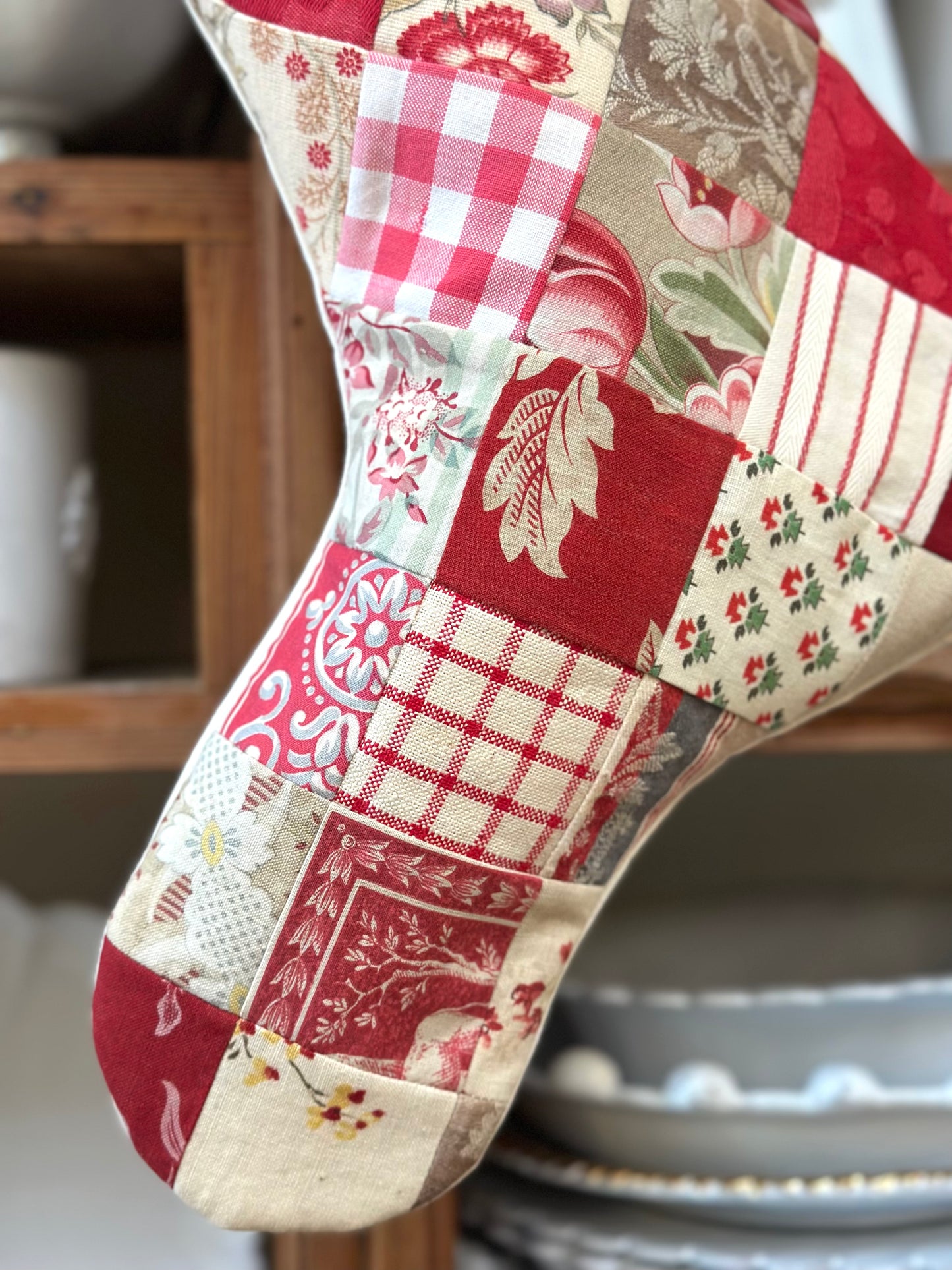 Handmade Christmas Stocking With Antique French Fabric - Raspberry Patchwork I