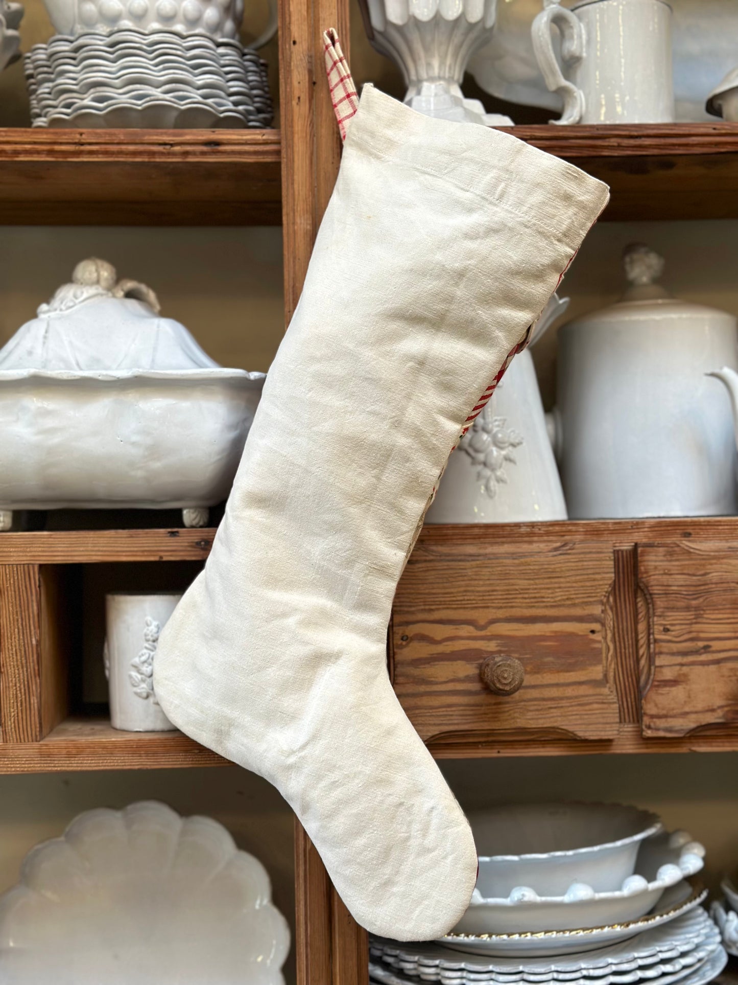 Handmade Christmas Stocking With Antique French Fabric - Raspberry Patchwork I