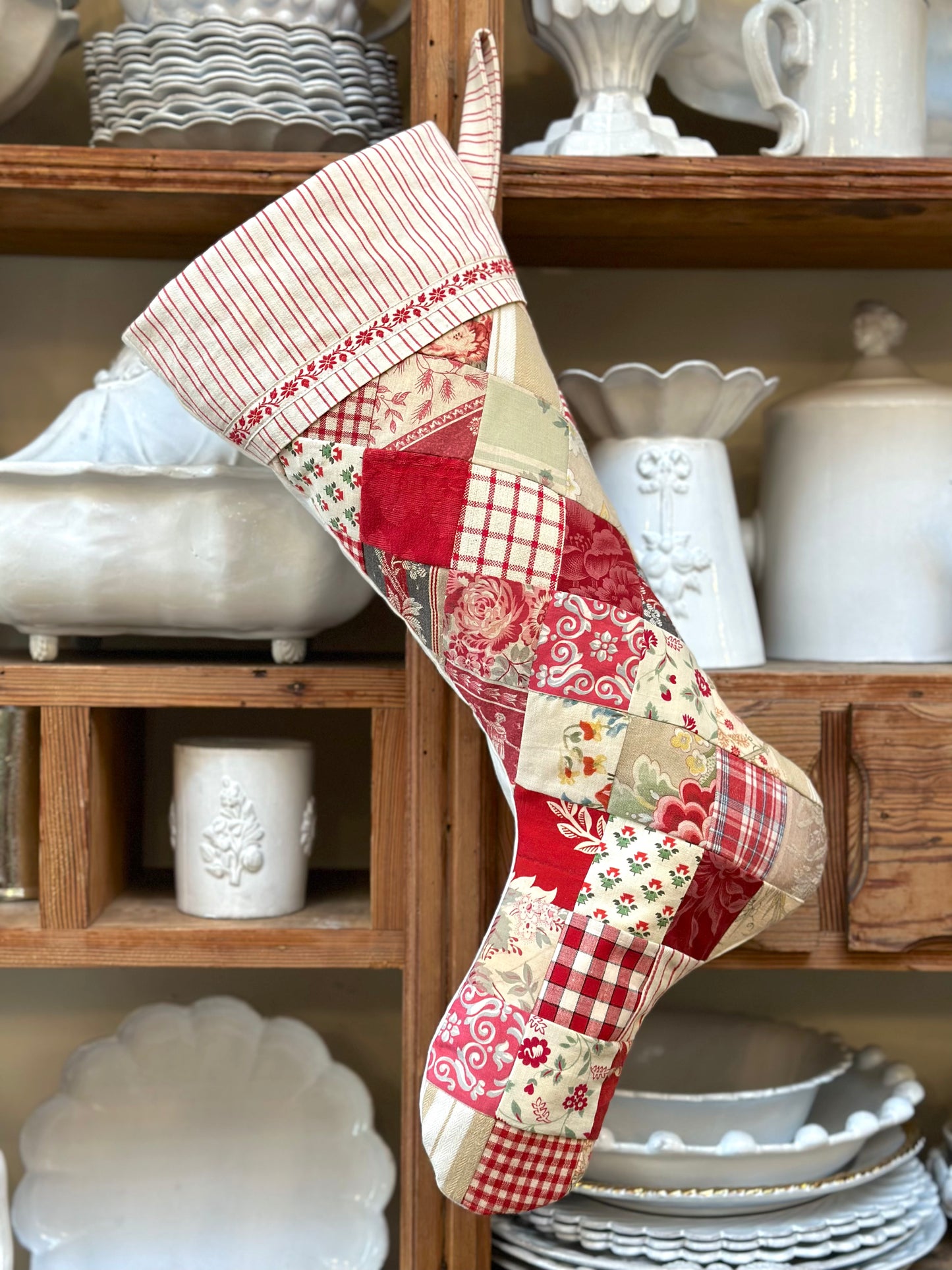 Handmade Christmas Stocking With Antique French Fabric - Raspberry Patchwork II