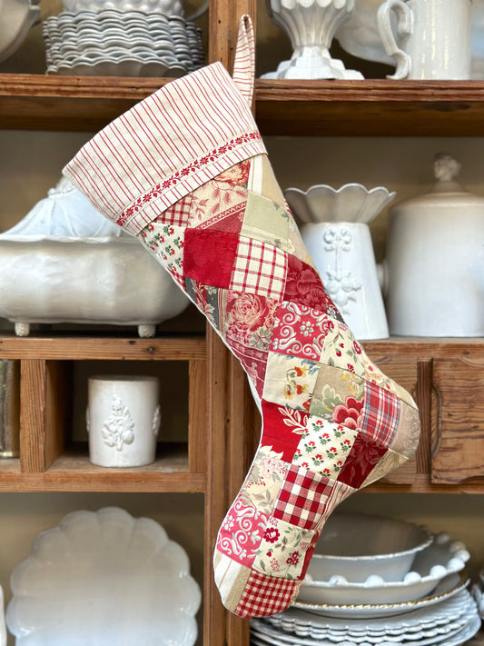 Handmade Christmas Stocking With Antique French Fabric - Raspberry Patchwork II
