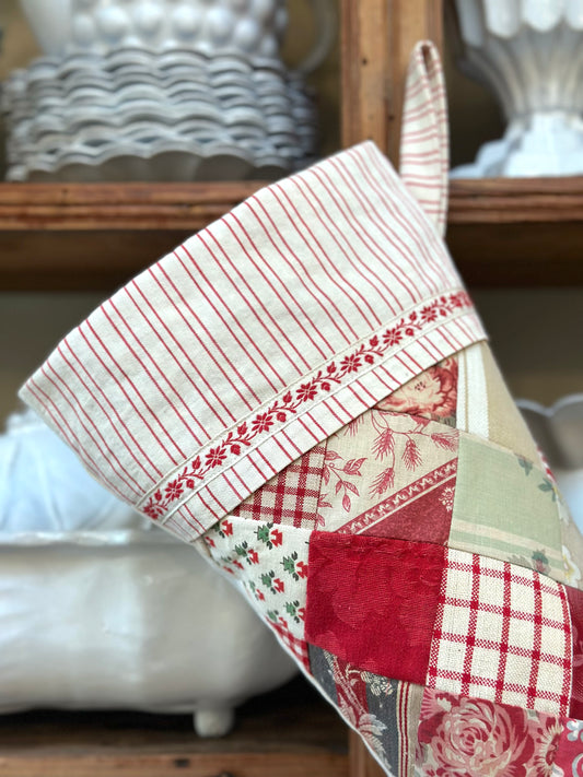 Handmade Christmas Stocking With Antique French Fabric - Raspberry Patchwork II