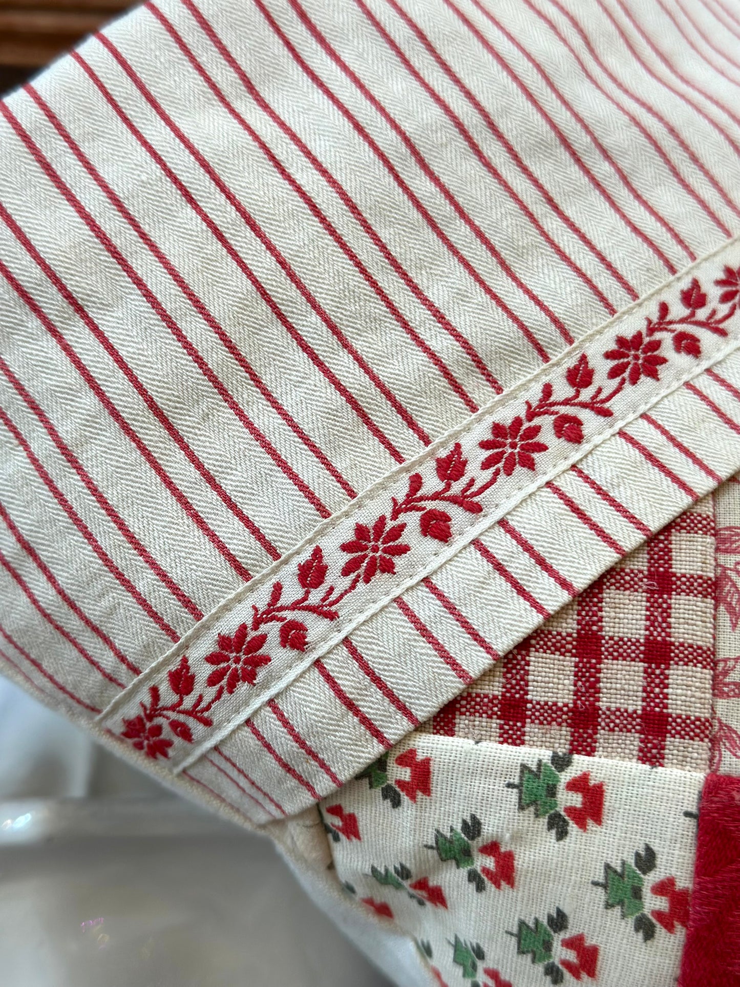 Handmade Christmas Stocking With Antique French Fabric - Raspberry Patchwork II