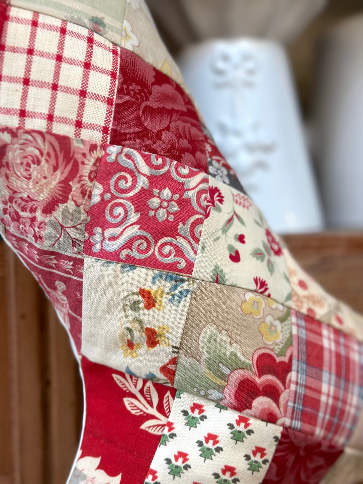 Handmade Christmas Stocking With Antique French Fabric - Raspberry Patchwork II