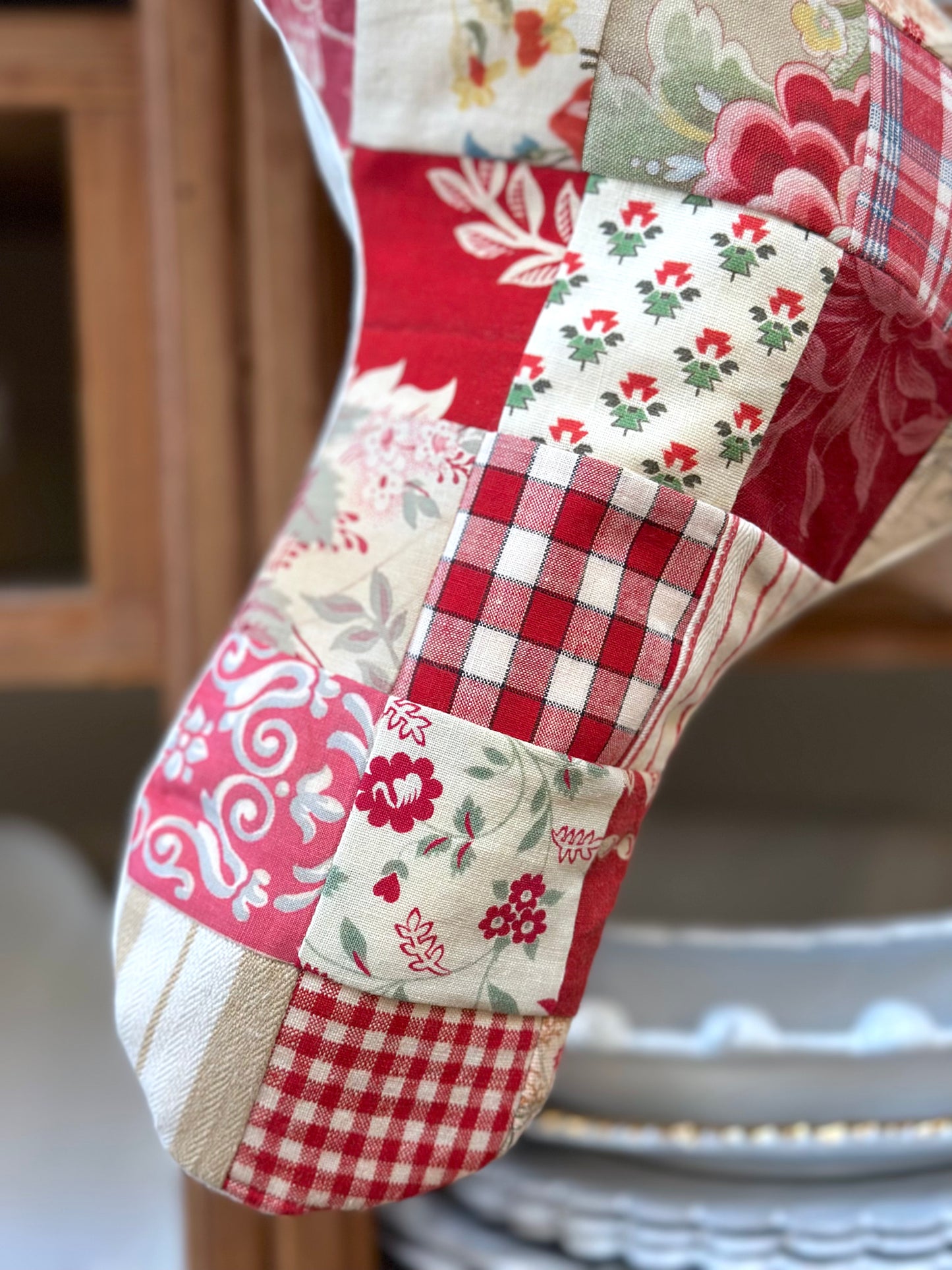 Handmade Christmas Stocking With Antique French Fabric - Raspberry Patchwork II