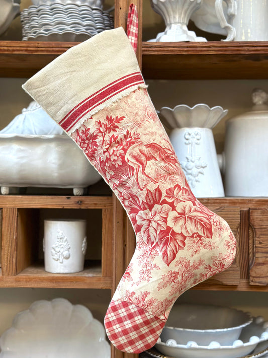 Handmade Christmas Stocking With Antique French Fabric - Raspberry Toile