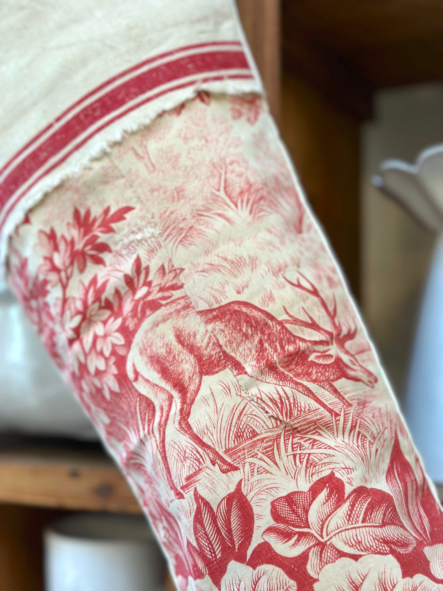 Handmade Christmas Stocking With Antique French Fabric - Raspberry Toile