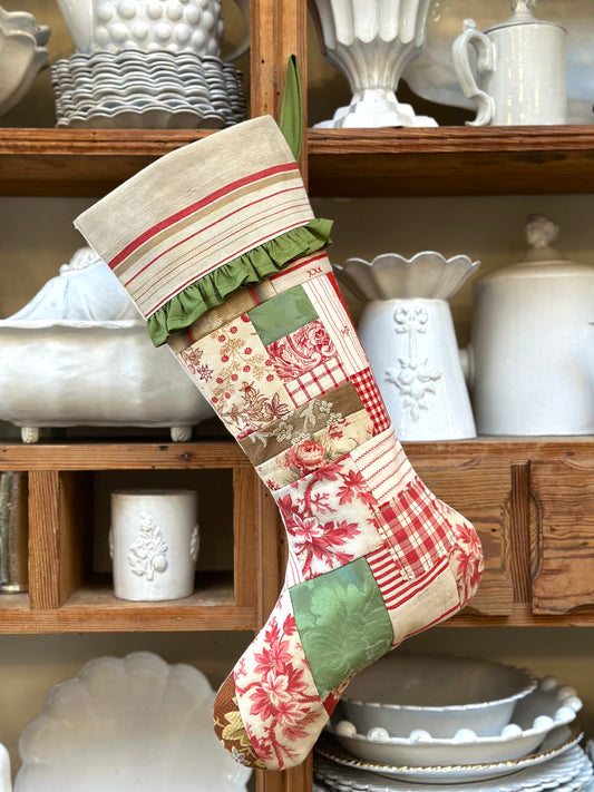 Handmade Christmas Stocking With Antique French Fabric - Red & Green Patchwork I