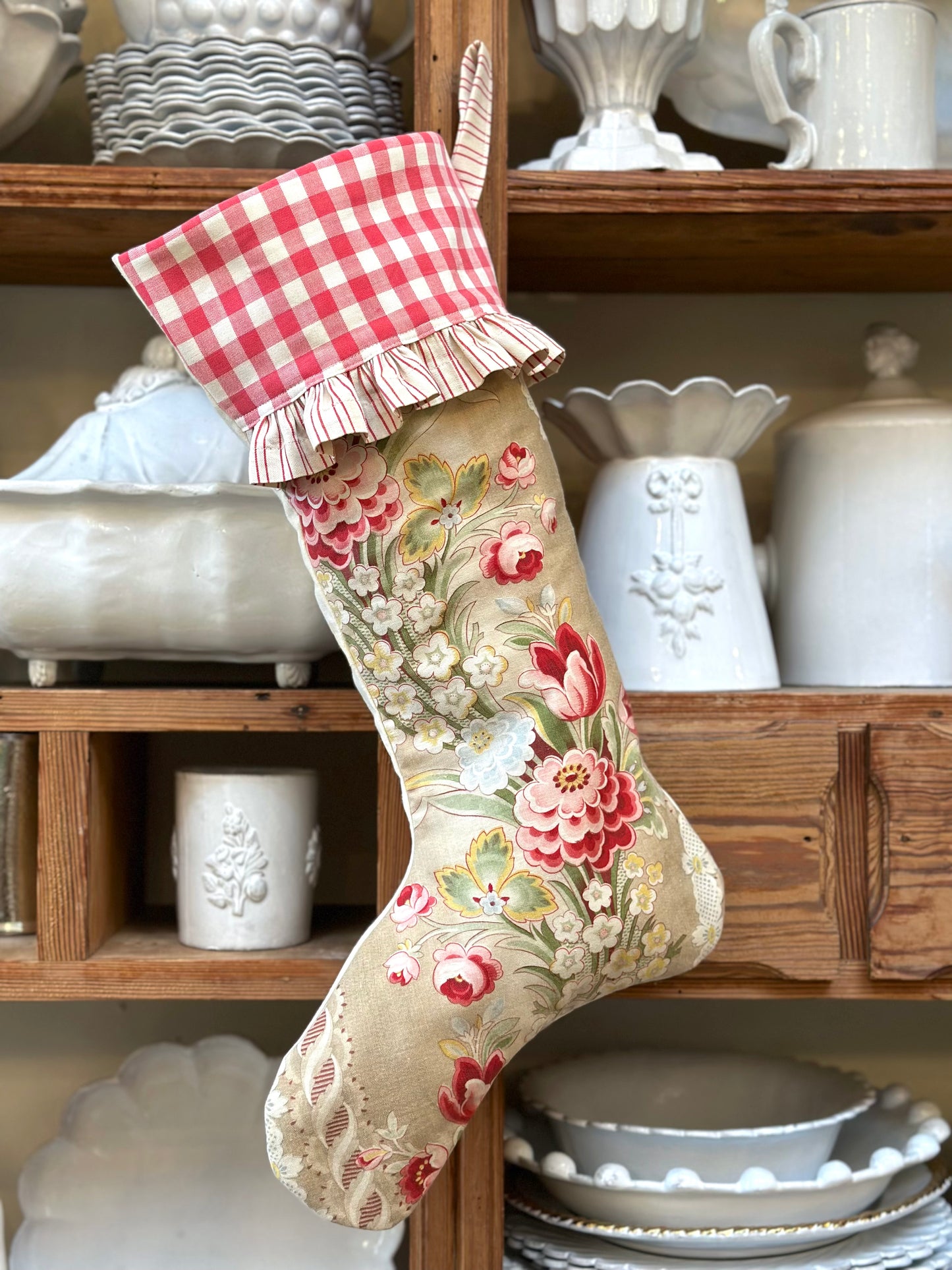 Handmade Christmas Stocking With Antique French Fabric - Raspberry Floral I