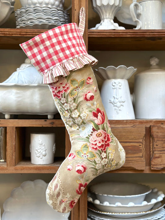 Handmade Christmas Stocking With Antique French Fabric - Raspberry Floral I